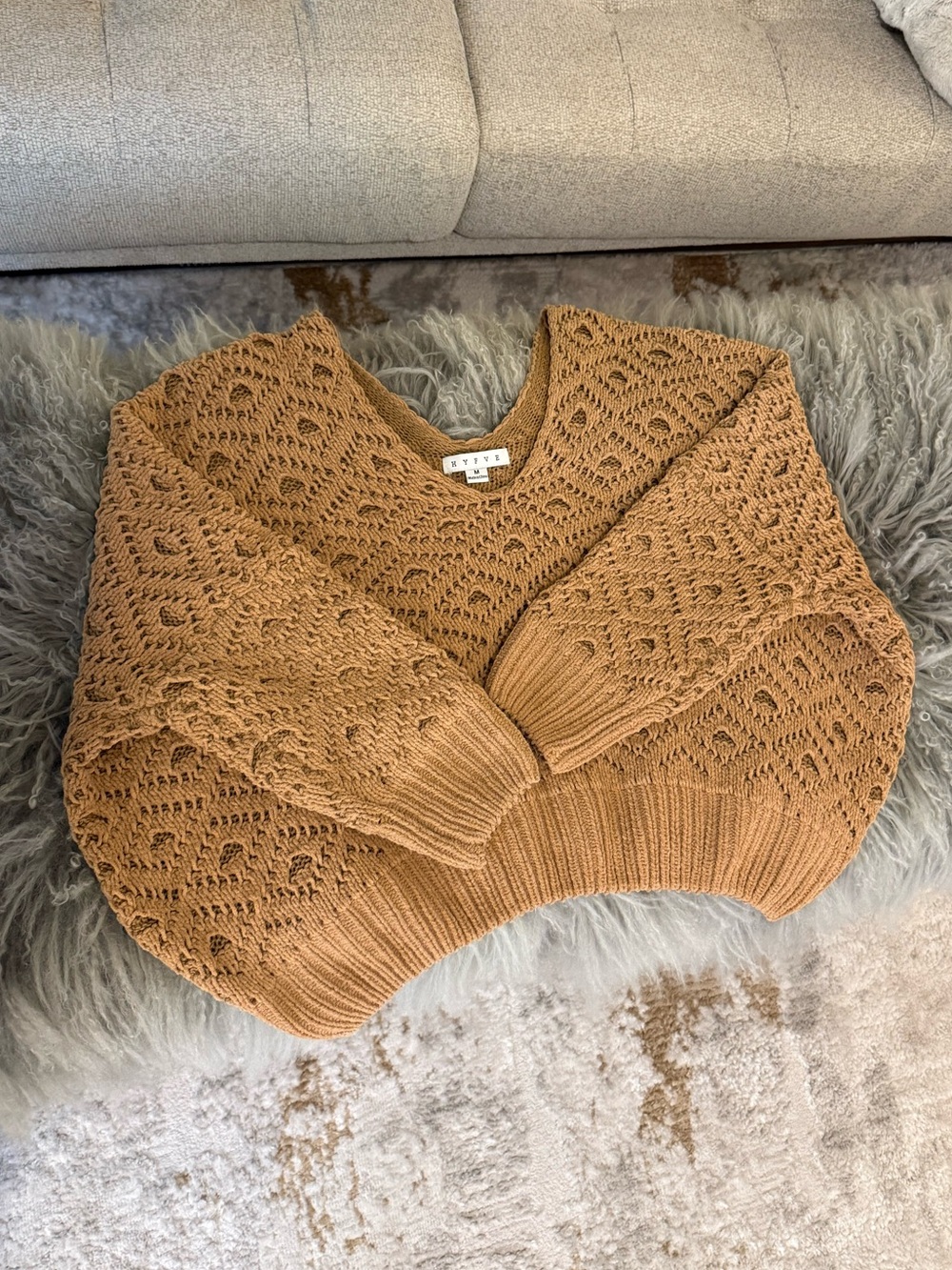 HYFVE Tan Cropped Open-Knit V-Neck SweateR
